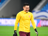 A photo taken on October 14, 2024, shows the Chinese football team during a training session at Qingdao Youth Football Stadium in Shandong p...