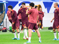 A photo taken on October 14, 2024, shows the Chinese football team during a training session at Qingdao Youth Football Stadium in Shandong p...