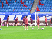 A photo taken on October 14, 2024, shows the Chinese football team during a training session at Qingdao Youth Football Stadium in Shandong p...