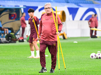 A photo taken on October 14, 2024, shows the Chinese football team during a training session at Qingdao Youth Football Stadium in Shandong p...