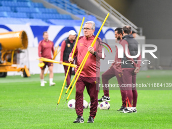 A photo taken on October 14, 2024, shows the Chinese football team during a training session at Qingdao Youth Football Stadium in Shandong p...