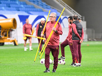 A photo taken on October 14, 2024, shows the Chinese football team during a training session at Qingdao Youth Football Stadium in Shandong p...