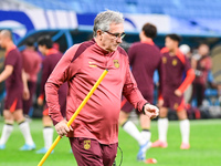 A photo taken on October 14, 2024, shows the Chinese football team during a training session at Qingdao Youth Football Stadium in Shandong p...