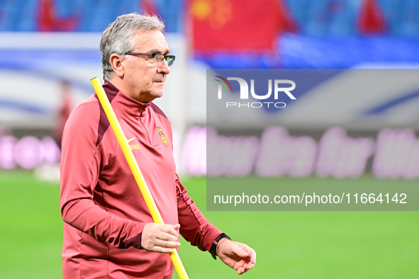 A photo taken on October 14, 2024, shows the Chinese football team during a training session at Qingdao Youth Football Stadium in Shandong p...