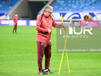 A photo taken on October 14, 2024, shows the Chinese football team during a training session at Qingdao Youth Football Stadium in Shandong p...