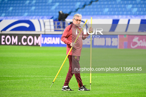 A photo taken on October 14, 2024, shows the Chinese football team during a training session at Qingdao Youth Football Stadium in Shandong p...