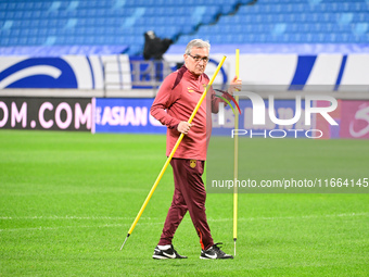 A photo taken on October 14, 2024, shows the Chinese football team during a training session at Qingdao Youth Football Stadium in Shandong p...