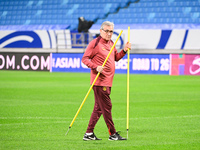 A photo taken on October 14, 2024, shows the Chinese football team during a training session at Qingdao Youth Football Stadium in Shandong p...