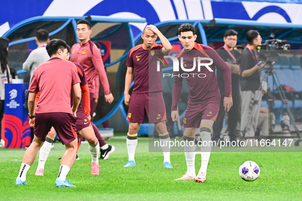 A photo taken on October 14, 2024, shows the Chinese football team during a training session at Qingdao Youth Football Stadium in Shandong p...