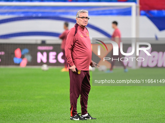 A photo taken on October 14, 2024, shows the Chinese football team during a training session at Qingdao Youth Football Stadium in Shandong p...