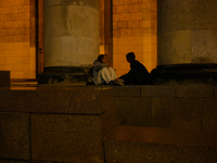 Young people are seen hanging out at the Palace of Culture and Sciences in Warsaw, Poland on 12 October, 2024. (