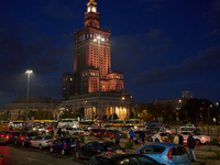 Cars are seen parked at the central train station in front of the Palace of Culture and Sciences in Warsaw, Poland on 12 October, 2024. (