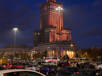 Cars are seen parked at the central train station in front of the Palace of Culture and Sciences in Warsaw, Poland on 12 October, 2024. (