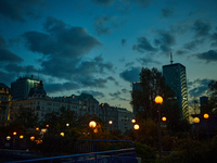 Street lights are seen during sunset in Warsaw, Poland on 12 October, 2024. (