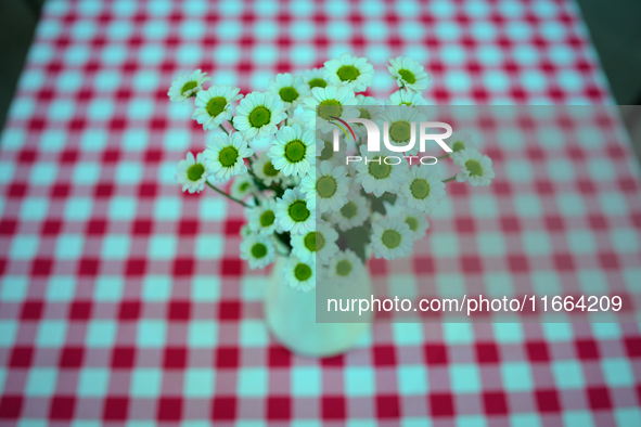 Daisy flowers are seen in a vase on a restaurant table with a red and white cross type pattern in Warsaw, Poland on 12 October, 2024. 