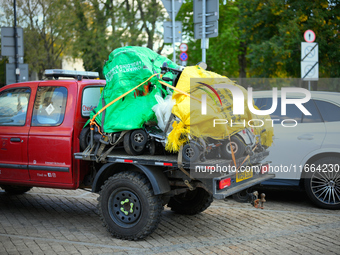 Electric scooters for the elderly and disabled are seen collected on a truck, donated for Ukraine in Warsaw, Poland on 12 October, 2024. (