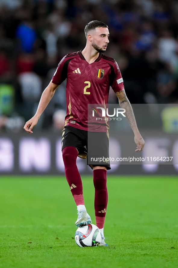 Zeno Debast of Belgium during the UEFA Nations League 2024/25 League A Group A2 match between Italy and Belgium at Stadio Olimpico on Octobe...