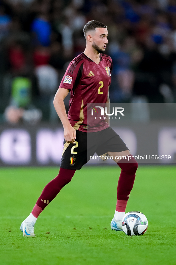 Zeno Debast of Belgium during the UEFA Nations League 2024/25 League A Group A2 match between Italy and Belgium at Stadio Olimpico on Octobe...