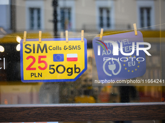 An advertisement for electric travel chargers is seen at a shop in Warsaw, Poland on 12 October, 2024. (