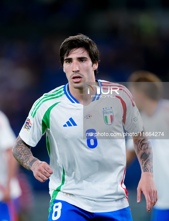 Sandro Tonali of Italy looks on during the UEFA Nations League 2024/25 League A Group A2 match between Italy and Belgium at Stadio Olimpico...