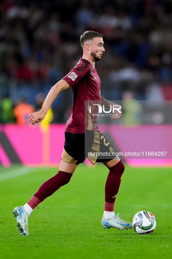 Zeno Debast of Belgium during the UEFA Nations League 2024/25 League A Group A2 match between Italy and Belgium at Stadio Olimpico on Octobe...