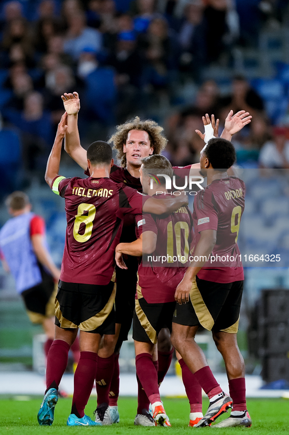 Leonardo Trossard of Belgium celebrates after scoring second goal during the UEFA Nations League 2024/25 League A Group A2 match between Ita...