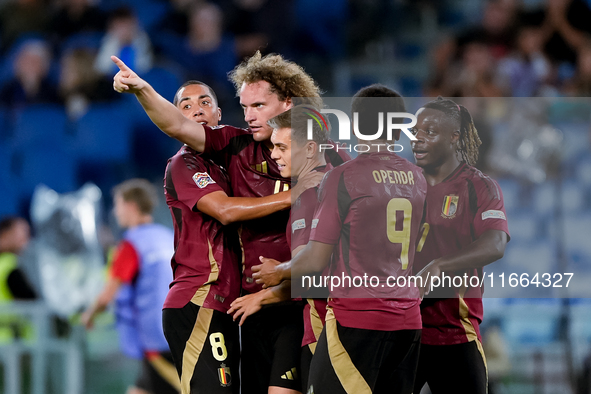 Leonardo Trossard of Belgium celebrates after scoring second goal during the UEFA Nations League 2024/25 League A Group A2 match between Ita...