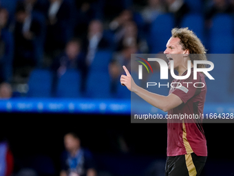 Wout Faes of Belgium reacts during the UEFA Nations League 2024/25 League A Group A2 match between Italy and Belgium at Stadio Olimpico on O...