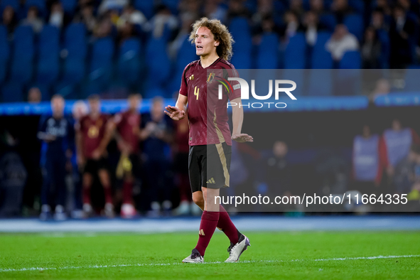 Wout Faes of Belgium looks on during the UEFA Nations League 2024/25 League A Group A2 match between Italy and Belgium at Stadio Olimpico on...