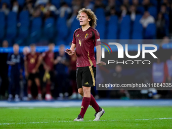 Wout Faes of Belgium looks on during the UEFA Nations League 2024/25 League A Group A2 match between Italy and Belgium at Stadio Olimpico on...