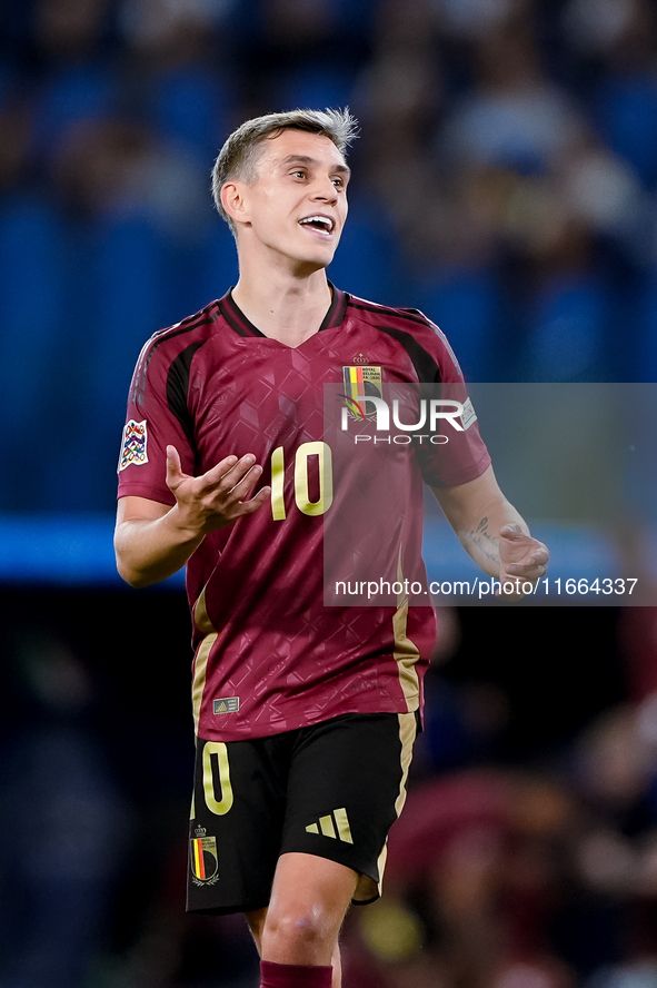 Leonardo Trossard of Belgium reacts during the UEFA Nations League 2024/25 League A Group A2 match between Italy and Belgium at Stadio Olimp...