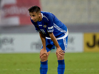 In Ta' Qali, Malta, on October 13, 2024, Mihail Caimacov of Moldova reacts in disillusion during the UEFA Nations League, League D, Group D2...