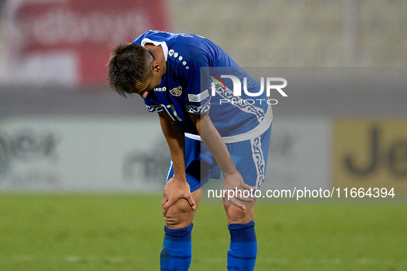 In Ta' Qali, Malta, on October 13, 2024, Mihail Caimacov of Moldova reacts in disillusion during the UEFA Nations League, League D, Group D2...