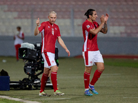 In Ta' Qali, Malta, on October 13, 2024, Gabriel Mentz (left) and Kurt Shaw (right) of Malta react after being substituted during the UEFA N...