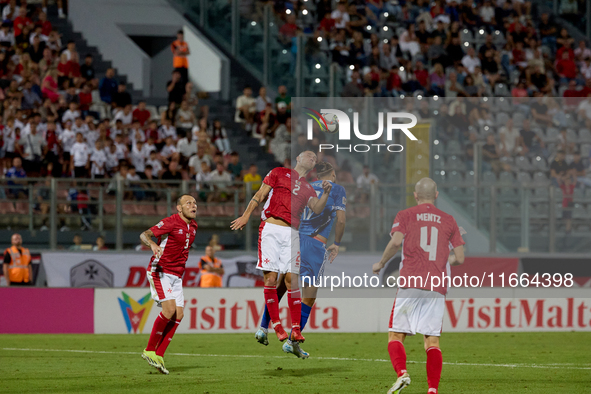 Jean Borg of Malta heads the ball during the UEFA Nations League, League D, Group D2 soccer match between Malta and Moldova at the National...