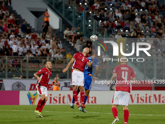 Jean Borg of Malta heads the ball during the UEFA Nations League, League D, Group D2 soccer match between Malta and Moldova at the National...