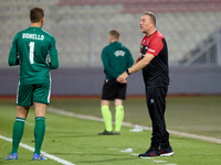 In Ta' Qali, Malta, on October 13, 2024, Davide Mazzotta, interim coach of Malta, speaks with Henry Bonello, goalkeeper of Malta, during the...