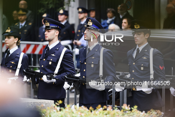 A moment of the memorial ceremony at the monument for the massacre of the Little Martyrs of Gorla in Milan, Italy, on October 14, 2024 