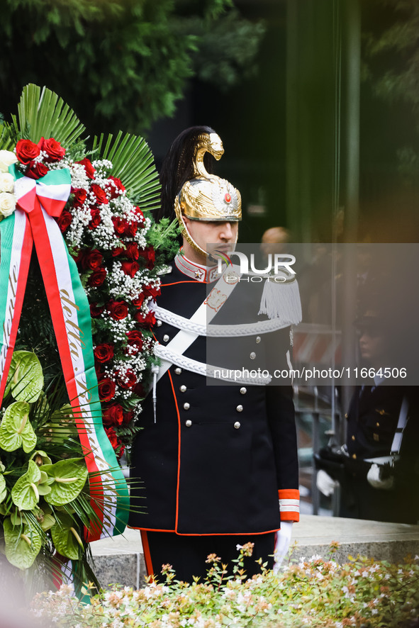 A moment of the memorial ceremony at the monument for the massacre of the Little Martyrs of Gorla in Milan, Italy, on October 14, 2024 