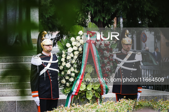 A moment of the memorial ceremony at the monument for the massacre of the Little Martyrs of Gorla in Milan, Italy, on October 14, 2024 