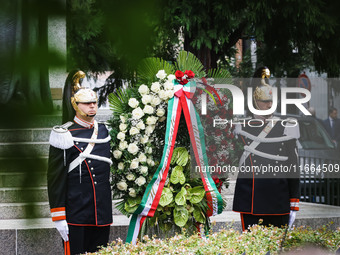 A moment of the memorial ceremony at the monument for the massacre of the Little Martyrs of Gorla in Milan, Italy, on October 14, 2024 (