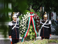 A moment of the memorial ceremony at the monument for the massacre of the Little Martyrs of Gorla in Milan, Italy, on October 14, 2024 (