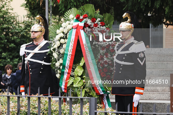 A moment of the memorial ceremony at the monument for the massacre of the Little Martyrs of Gorla in Milan, Italy, on October 14, 2024 