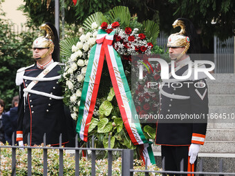 A moment of the memorial ceremony at the monument for the massacre of the Little Martyrs of Gorla in Milan, Italy, on October 14, 2024 (