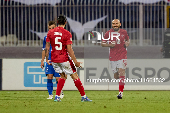 Teddy Teuma of Malta reacts in celebration after scoring the 1-0 goal for his team during the UEFA Nations League, League D, Group D2 soccer...