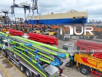 China's domestic construction machinery gathers at the port of Yantai for export in Shandong province, China, on October 14, 2024. Data rele...