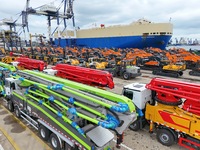 China's domestic construction machinery gathers at the port of Yantai for export in Shandong province, China, on October 14, 2024. Data rele...