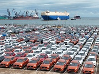 Chinese-made cars wait to be loaded for export at Yantai Port in Yantai, Shandong province, China, on October 14, 2024. On October 14, 2024,...