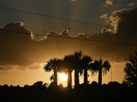 The sunset appears between clouds and trees, with an orange hue, at the end of the day on Sunday, August 13, 2023, in Florida, US. (