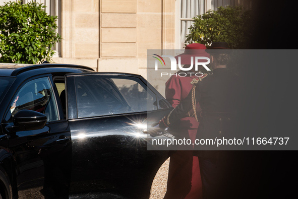 Queen Mathilde of the Belgians gets out of the car in the Elysee court during a state visit to France, where President Emmanuel Macron and F...